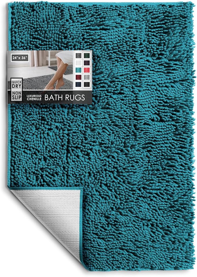 Hearth & Harbor Bathroom Rugs, Chenille Bath Mat - Machine Washable Bath Mats for Bathroom Non-Slip Backing Rubber, Quick Dry Bathroom Mat - Teal 24x36