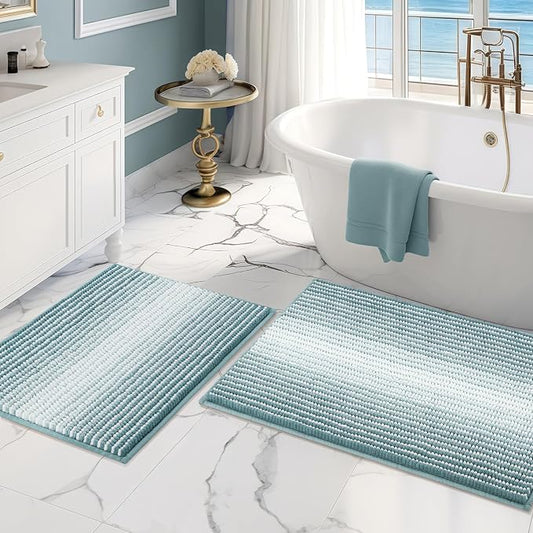 Bathroom Rugs Sets 2 Piece, Non Slip Striped Bath Mats, Sea Green | 20"x32" Plus 16"x24", Soft Absorbent Chenille, Quick Dry Machine Washable, Shower Rug for Bathroom Floor, Tub, Bedroom Decor