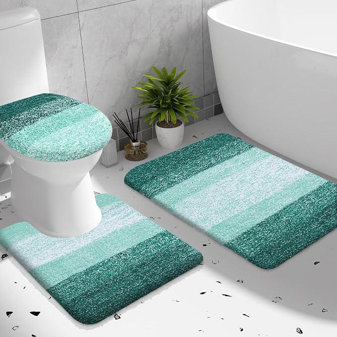 OLANLY Bathroom Rugs Sets 3 piece, Soft Microfiber Absorbent Bath Mat, U-Shaped Contour Toilet Mat and Toilet Lid Cover, Quick Dry, Machine Washable, Toilet Cover and Rug Set, Blackish Green