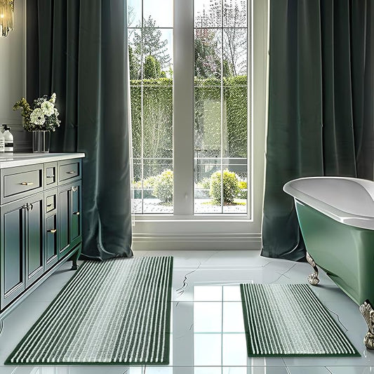 Bathroom Rugs Sets 2 Piece, Non Slip Striped Bath Mat, Hunter Green | 20"x47" Plus 20"x32", Soft Absorbent Chenille, Quick Dry Machine Washable, Shower Rug for Bathroom Floor, Tub, Bedroom Decor