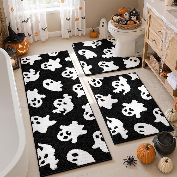 Findosom Halloween Bathroom Rugs Sets 3 Piece, Absorbent Soft Bath Rug Set | Washable Non-Slip Microfiber Shaggy Ghost Bath Mat Set with Bathroom Runner Rug, U-Shaped Toilet Rugs, Shower Rug, Black