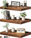 QEEIG 10" Deep Floating Shelves for Wall - 10 x 16 inch Book Shelf Bathroom Bedroom Kitchen Living Room Hanging Bookshelf Farmhouse Set of 3, Rustic Brown (025-40BN3)