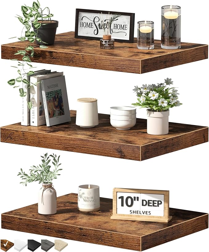 QEEIG 10" Deep Floating Shelves for Wall - 10 x 16 inch Book Shelf Bathroom Bedroom Kitchen Living Room Hanging Bookshelf Farmhouse Set of 3, Rustic Brown (025-40BN3)