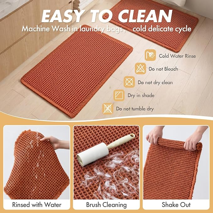 MIULEE Fall Orange Set of 2 Waffle Bathroom Rugs Boho Bath Mat 18x30 Inch | Non Slip, Super Absorbent, Washable, Ultra Soft, Rubber Backed Bath Rugs for Bathroom Floor Tub Shower