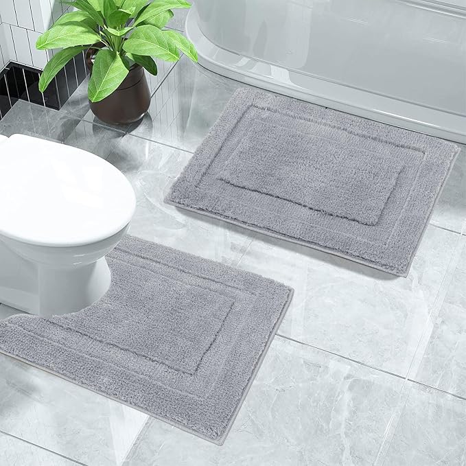 SHACOS Soft Microfiber Small Bathroom Rugs Set 2 Pieces with Toilet Rug | Absorbent Plush Bath Mats U Shaped Shower Bath Rug, Non Slip Washable Fluffy Bathroom Floor Mats, 24x16+24x20, Light Grey