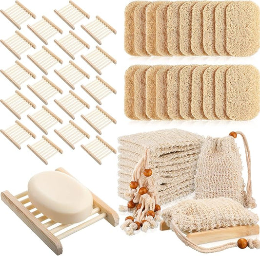 60 Pcs Soap Accessories Set Including 20 Pcs Wood Soap Holder Soap Dishes for Bar Soap Tray, 20 Pcs Soap Saver Bag Exfoliating Soap Pouch, 20 Pcs Self Draining Soap Saver Pads for Bathroom Men Bath