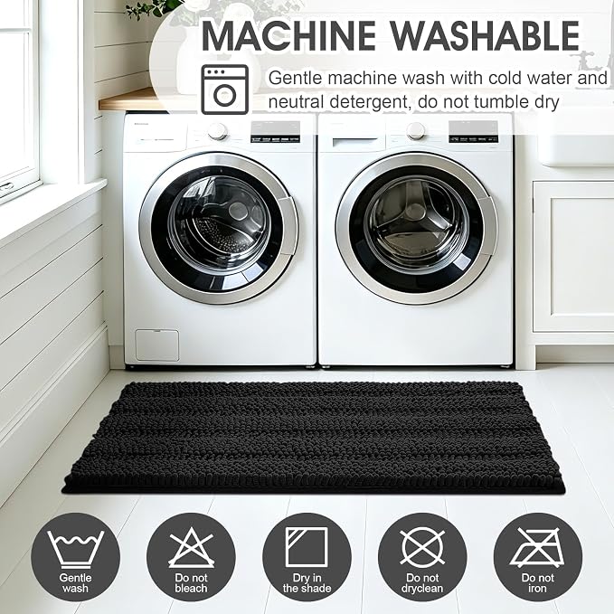 ACCUMTEK Striped Black Bathroom Rug Mat Set 2 piece 32"x20"+60"x20" Ultra Soft, Non Slip Chenille Bath Rugs, Absorbent Plush Shaggy Bath Mats for Bathroom, Bedroom, Kitchen, Shower, Tub