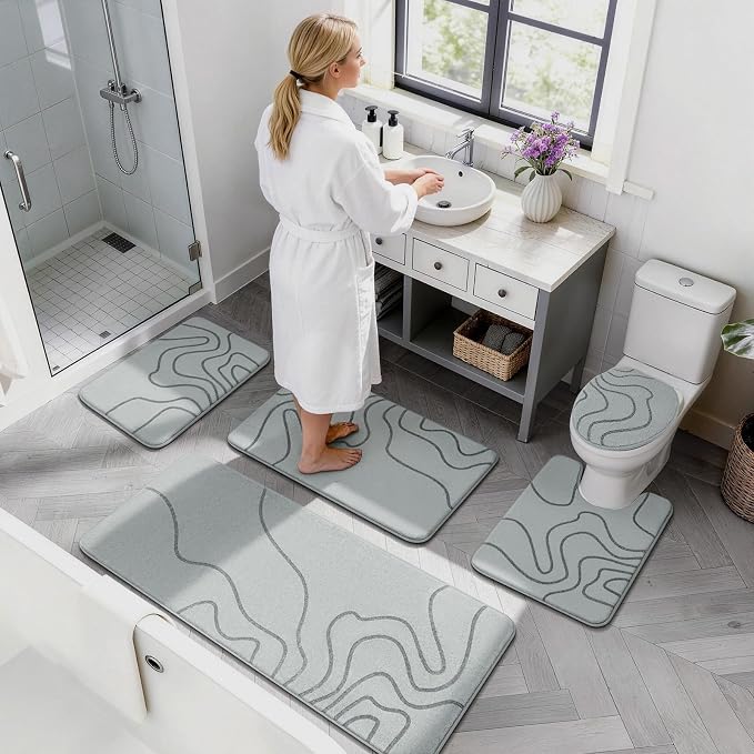 YIHOUSE Memory Foam Bathroom Rugs Sets 3 Piece, Ultra Soft Bath Mat, Grey | Ultra Soft, Extra Thick Bath Mat, Absorbent, Non-Slip, Machine Washable, For Tub, Shower & Home Decor Accessories