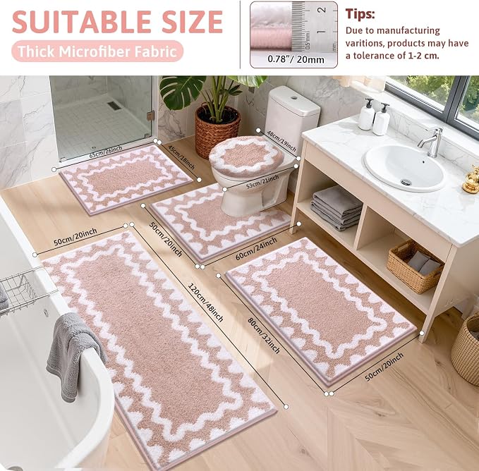 Findosom Bathroom Rugs Sets 5 Piece, Absorbent Soft Non-Slip Bath Rug Set | Washable Microfiber Shaggy Bath Mat Set with Bathroom Runner Rug, U-Shaped Toilet Rugs, Shower Rug & Toilet Lid Cover, Pink