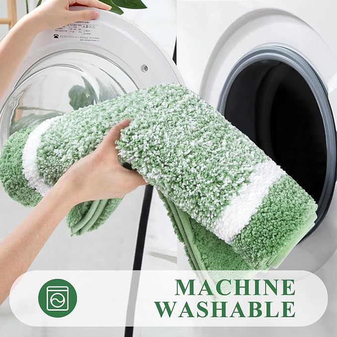 Pauwer 3 Piece Bathroom Rug Set, Non Slip Washable Bath Mat, Green | Soft Plush Microfiber, Super Absorbent Floor Carpet, U Shaped Toilet Mats, Quick Dry, Shaggy Shower Rugs Runners