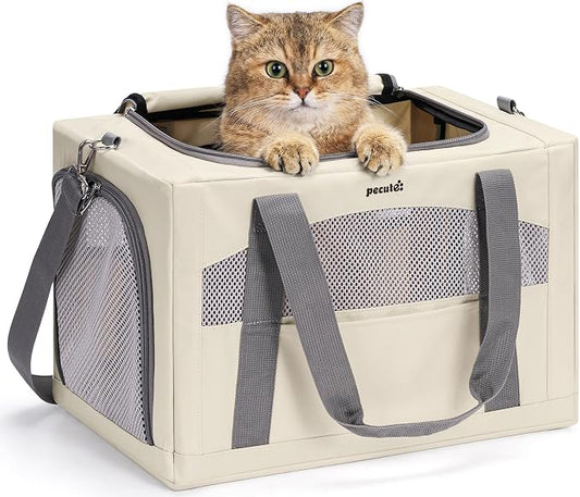 Pecute Cat Carrier Stable, Pet Carrier with Privacy Partition,Beige | Safe For Car Travel, Stable Steel Frame, Soft-Sided Pet Carrier Bag For Dogs And Cats Up To 11lbs, Foldable Design.