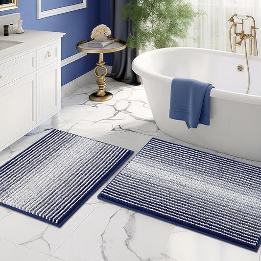 Bathroom Rugs Sets 2 Piece, Non Slip Striped Bath Mats, Navy | 20"x32" Plus 16"x24", Soft Absorbent Chenille, Quick Dry Machine Washable, Shower Rug for Bathroom Floor, Tub, Bedroom Decor