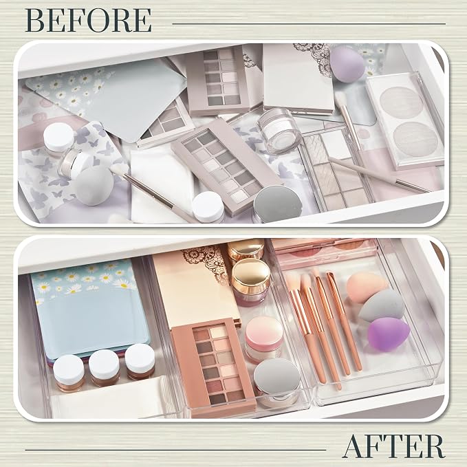 STORi SimpleSort 3-Piece Stackable Clear Drawer Organizer, 12" x 6" x 2" | Rectangle Trays, Wide Makeup Vanity Storage Bins, Office Desk Drawer Dividers, Made in USA