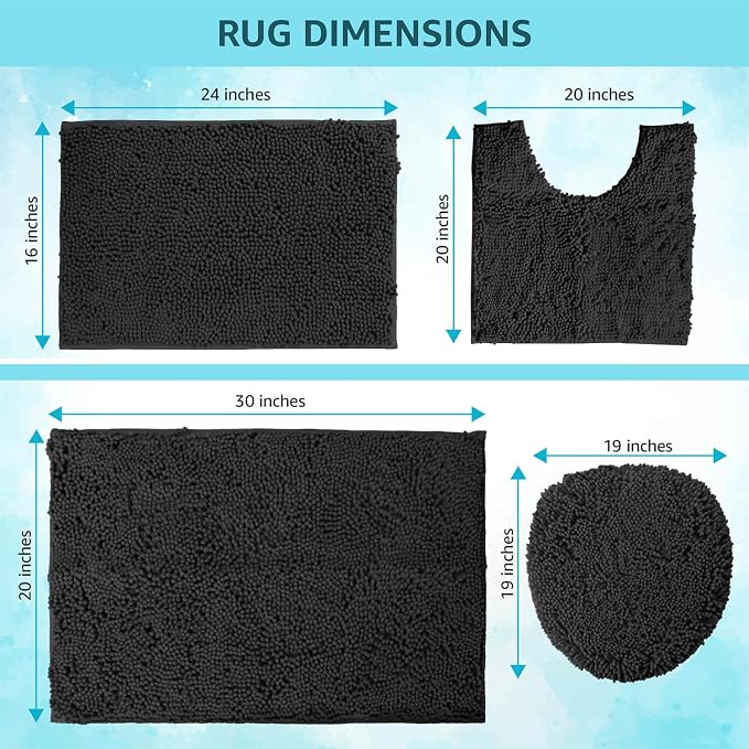 LuxUrux 4-Piece Bathroom Rug Set - Soft Chenille Mats, Non-Slip Toilet Mat & Lid Cover for Comfort & Style (20x20 U, 16x24, 20x30 & 19x19 inches, Black)