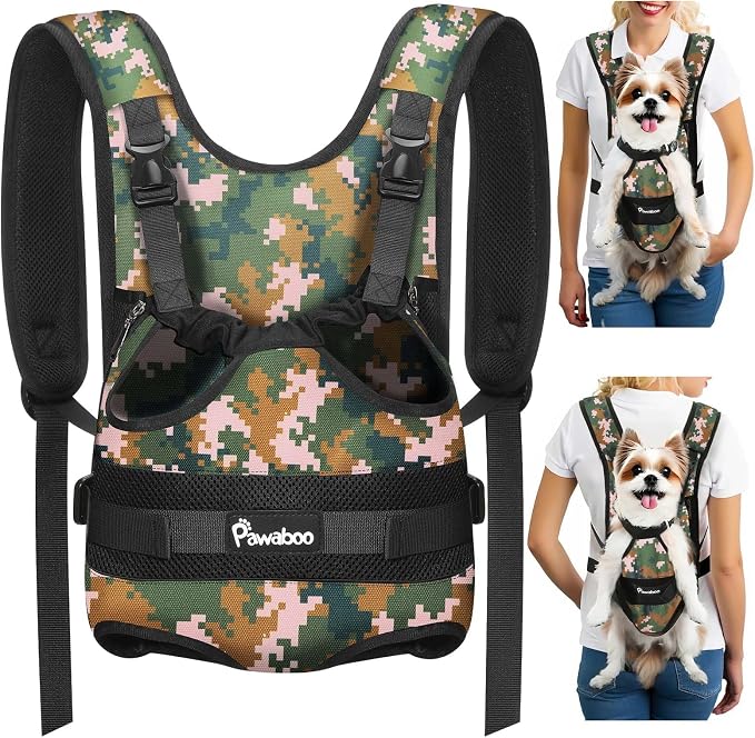 Pawaboo Pet Front Carrier Backpacks for Small Medium Dogs | Legs Out Easy-fit,Adjustable Straps,Hands-free,for Travel Hiking Cycling Camping Camo M