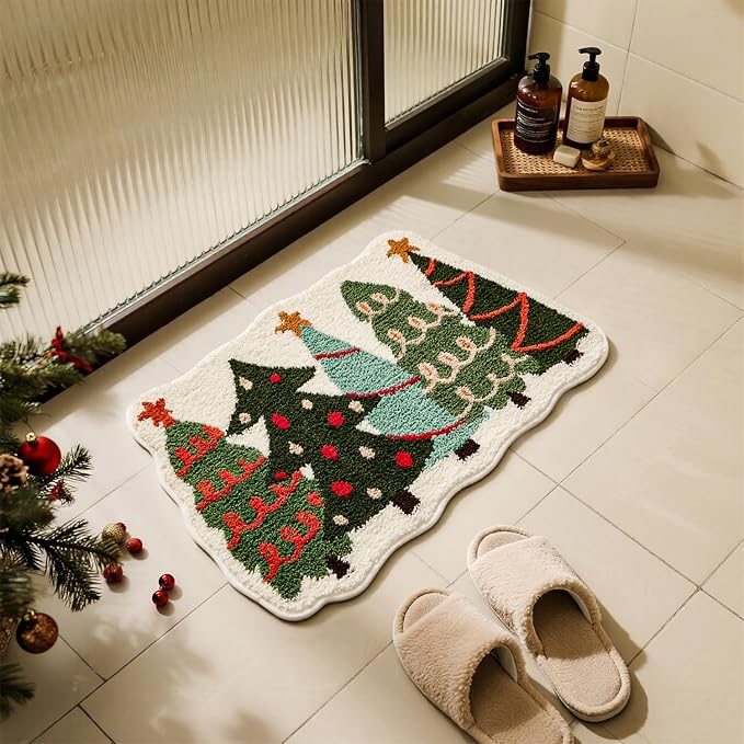 TYUU Christmas Bathroom Rugs, Extra Soft Absorbent Bath Rug Non Slip Washable Bathroom Mat Holiday Xmas Home Decor Indoor Bath Mat, Christmas Trees, 24"x36"