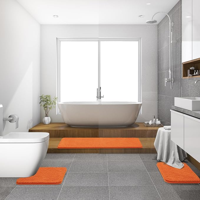 MIULEE Fall Orange Bathroom Rugs Set 2 Piece Soft Bath Mats 20x24+20x30 in | Absorbent Microfiber Bath Mat and U-Shaped Toilet Rug, Non Slip, Quick Dry, for Bathroom Floor Tub Showers, Machine Washable