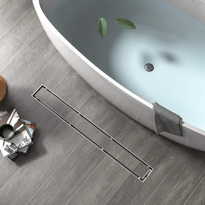 YEFU Shower Drain Nickel for Bathroom: 24 Inch Stainless Steel Linear Shower Drain – 2-in-1 Shower Floor Drain with Tile Insert Grate – Rectangle Linear Drain with Adjustable Feet & Hair Strainer