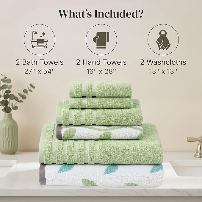 Modern Threads 6 Piece Bath Towel Set – Bathroom Set with 2 Bath Towels, 2 Hand Towels, and 2 Wash Cloths – 100% Cotton, Super Absorbent & Extra Soft – Reversible Natural Vine (Sage Green)