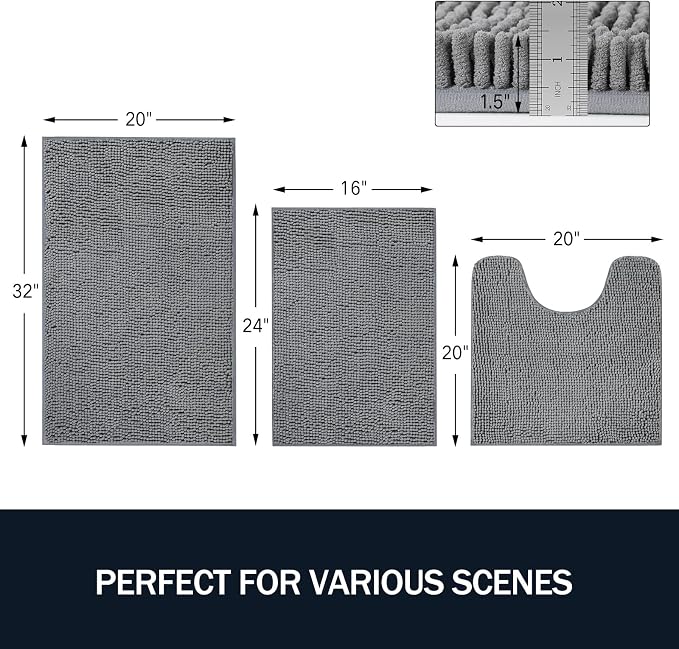 LINLA 3 Pieces Bathroom Rug Set, Absorbent Non Slip Chenille Bath mat | Absorbent Thick Plush Chenille Carpet Mats Set,Washable Dry Quickly with U-Shaped Toilet Mat for Tub, Shower