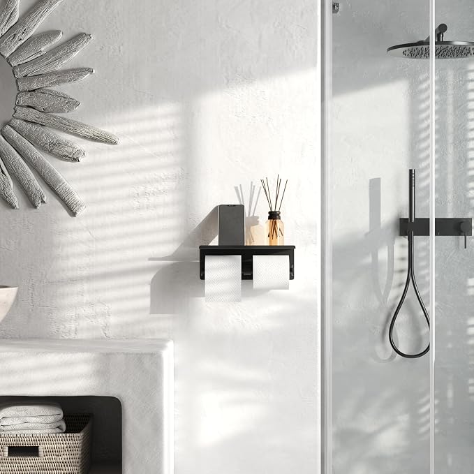 Black Toilet Paper Roll Holder with Shelf Wall Mounted for Bathroom (Black, Double Head)