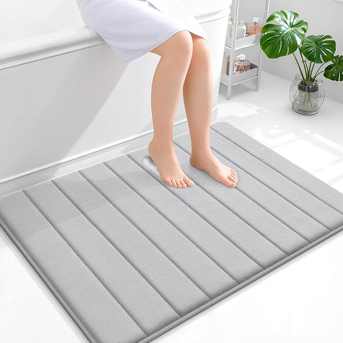 OLANLY Memory Foam Large Bath Mat 40x32, Super Soft Absorbent Bathroom Rugs | Light Gray, Quick Dry Bath Rug, Machine Washable Shower Floor Mats, Bathmat Carpet for Bathroom Floor, Tub and Shower