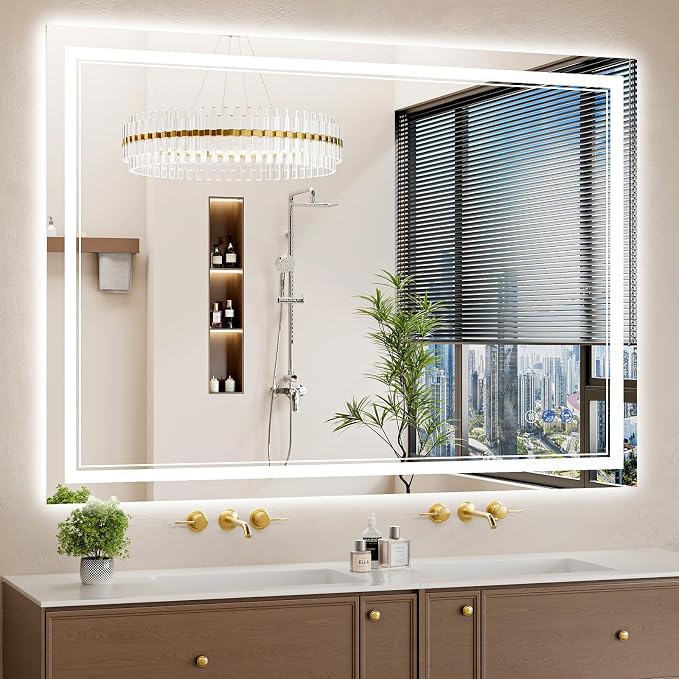 40"x55" LED Bathroom Mirror with Lights, Anti-Fog, Backlit + Front Lit, Dimmable, Led Vanity Mirror for Wall, Lighted Bathroom Mirror, 4 Colors, Shatter-Proof Tempered Glass