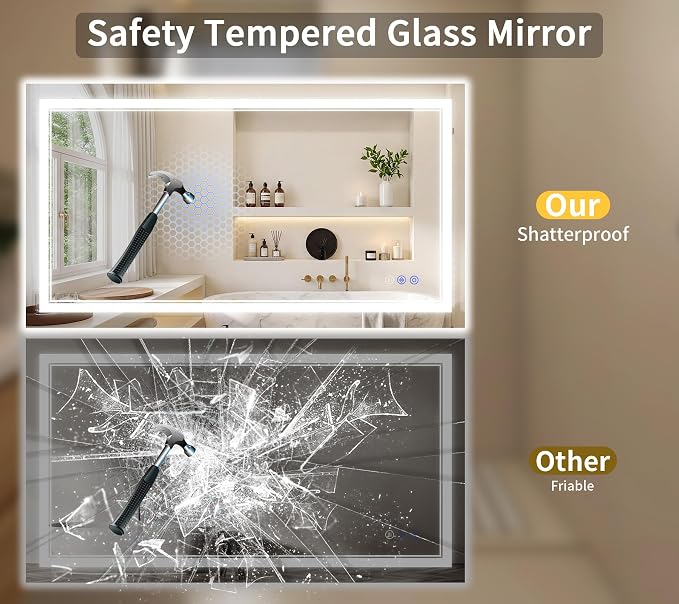 40"x55" LED Bathroom Mirror with Lights, Anti-Fog, Backlit + Front Lit, Dimmable, Led Vanity Mirror for Wall, Lighted Bathroom Mirror, 4 Colors, Shatter-Proof Tempered Glass