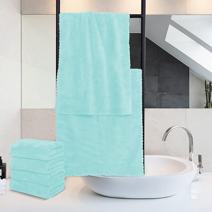 MOONQUEEN 6 Pack Premium Hand Towels - Quick Drying - Microfiber Coral Velvet Highly Absorbent Towels - Multipurpose Use as Hotel, Bathroom, Shower, Spa, Hand Towel 16 x 28 inches(Frozen Blue)