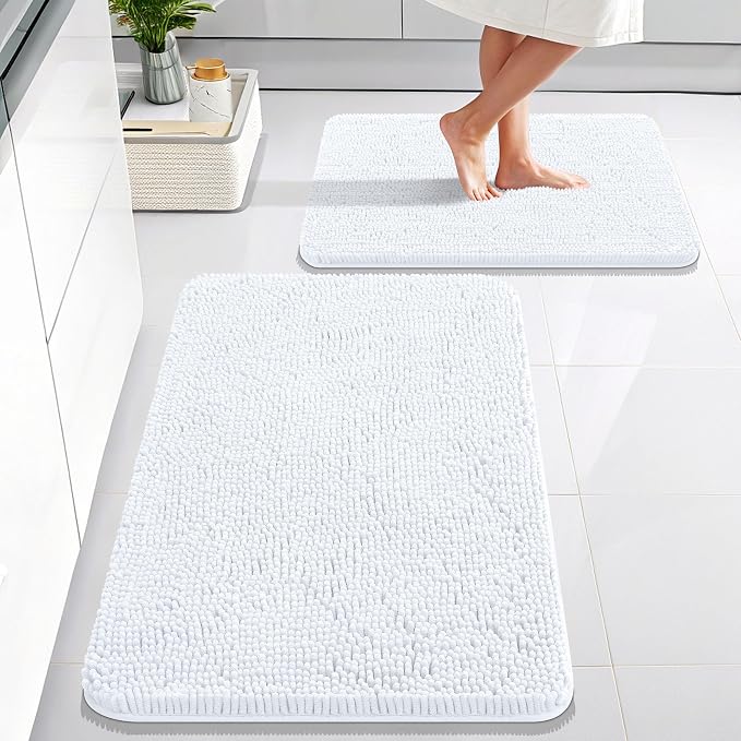 OLANLY Chenille Bathroom Rugs Mats Sets 2 Piece, 30"x20"+24"x16", White | Ultra Soft Absorbent Bath Rugs Set, Rubber Backing Non-Slip, Quick Dry, Machine Washable Bath Carpet, Home Decor Accessories