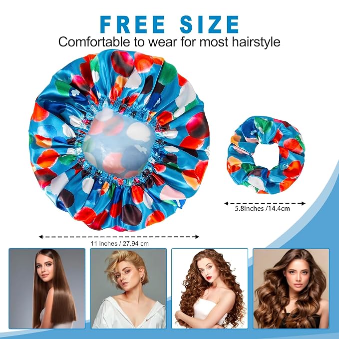 Shower Cap for Women Set of 4, Reusable Bath Caps + 2 Satin Hair Scrunchies | Double Layers, Waterproof Hair Caps, for Bath Accessories, Spa, Travel Home - Pattern A