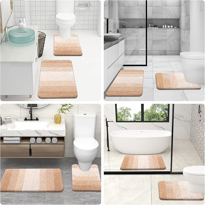 OLANLY Microfiber Bathroom Rugs Sets 3 Piece, 36"x24"+24"x16"+24"x20" | Beige, Soft Absorbent Bath Mats and U-Shaped Contour Toilet Rug, Plush Shaggy Bath Mat Set for Bathroom
