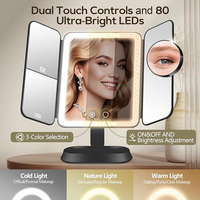 GOMIPURU Makeup Mirror with Lights and 30X/10X/5X Magnification, Vanity Mirror with 3 Color Lights, Rechargeable, Detachable, Lighted Makeup Mirror with Magnification, Trifold Mirror, Gifts, Black