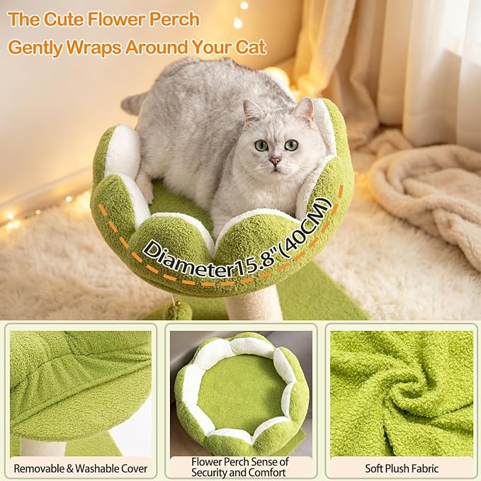 Flower Cat Scratching Post for Indoor Cats Scratcher with Bed | Comfortable & Removable Perch, Cute Cat Tree with Dangling Ball, Sisal Scratching Post, Simple Assembly & Stability