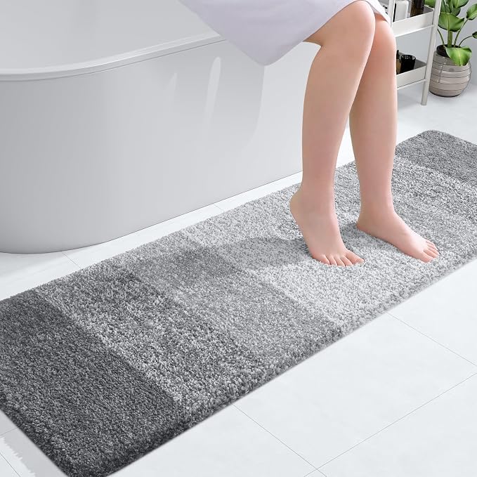 OLANLY Bathroom Runner Rug 59x17, Extra Soft Absorbent Microfiber Bath Rugs | Light Grey, Non-Slip Quick-Drying Rubber Backing, Washable Long Bath Mat for Floor, Tub and Shower, Home Decor