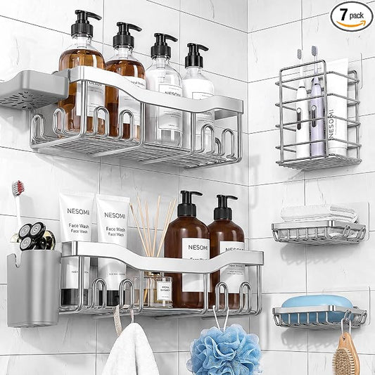 NESOMI Shower Caddy Adhesive Shower Organizer 7-Pack, Rustproof Stainless Steel Bathroom Shelves, Large Capacity No-Drill Rack Storage Accessories with Soap Dish Toothbrush Holder Hooks