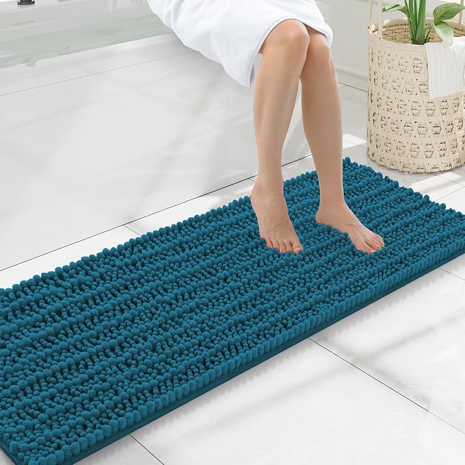 Smiry Bathroom Rugs 47X17, Extra Soft Rubber Backing Chenille Bath Mats | Peacock Blue Machine Washable Non Slip Quick Dry Bath Mats for Bathroom Floor, Tub, Shower, Home Decor Accessories