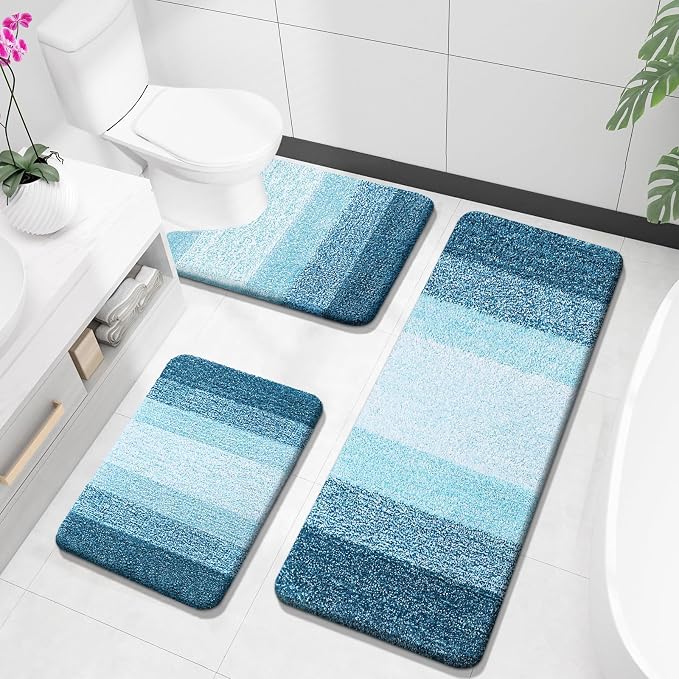 OLANLY Microfiber Bathroom Rugs Sets 3 Piece, 47"x20"+24"x16"+24"x20" | Peacock Blue, Soft Absorbent Bath Mats and U-Shaped Contour Toilet Rug, Plush Shaggy Bath Mat Set for Bathroom