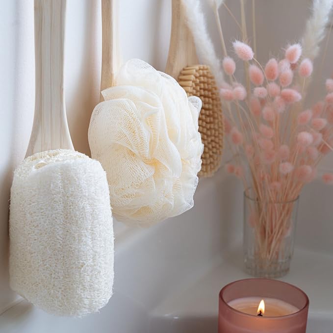 EcoTools EcoPouf Bath Brush, Loofah for Men and Women, 1 Count | Back brush for shower made with long handle, soft netting for gentle exfoliation, bamboo loofah