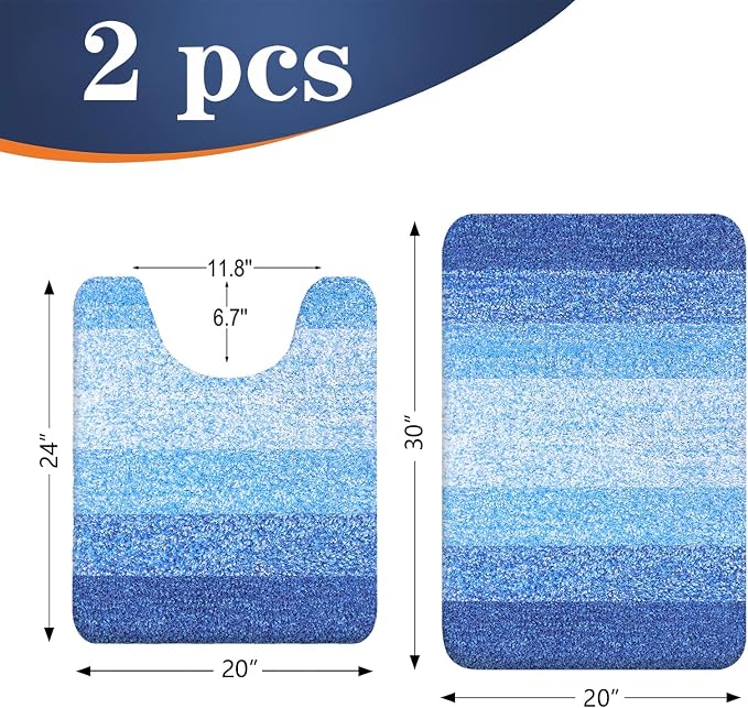 OLANLY Micorfiber Bathroom Rug Set 2 Piece, 30"x20"+U-Shaped 24"x20" | Light Royal Blue, Soft Absorbent Bath Mats and Contour Toilet Rug, Non-Slip, Machine Wash Dry, Plush Bath Mats for Bathroom