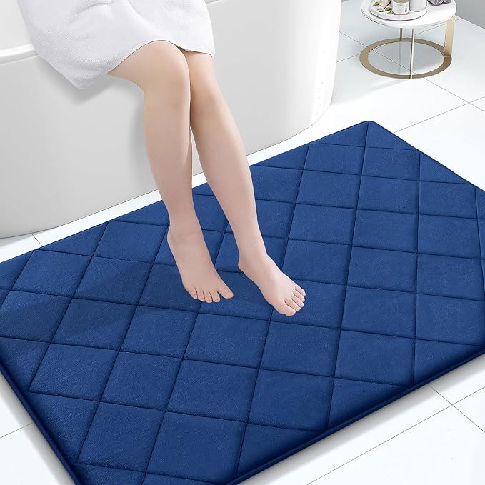 OLANLY Memory Foam Bath Mat 40x32, Ultra Soft and Absorbent Bathroom Rugs | Navy, Quick Dry, Machine Washable Shower Bath Rugs, Comfortable Bath Carpet for Bathroom Floor, Tub and Shower