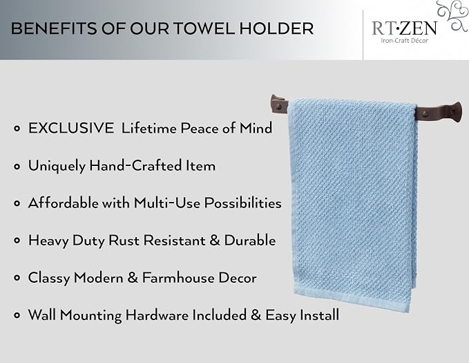RTZEN Matte Black Hand Towel Holder for Bathroom - Handcrafted Farmhouse Wrought Iron Metal Kitchen Bar - Small Hand Towel Bar Hanger for Home or Office - Wall Mounted Rack Fits 10" Towels