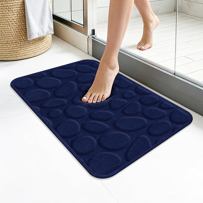 Stone Bath Mats, Non-Slip Memory Foam Bath Rugs, 16x24 DarkBlue | TPR Rubber Backing,Ultra Soft,Highly Absorbent,Machine Washable,Quick Dry for Tub and Shower, Home Decor Accessories