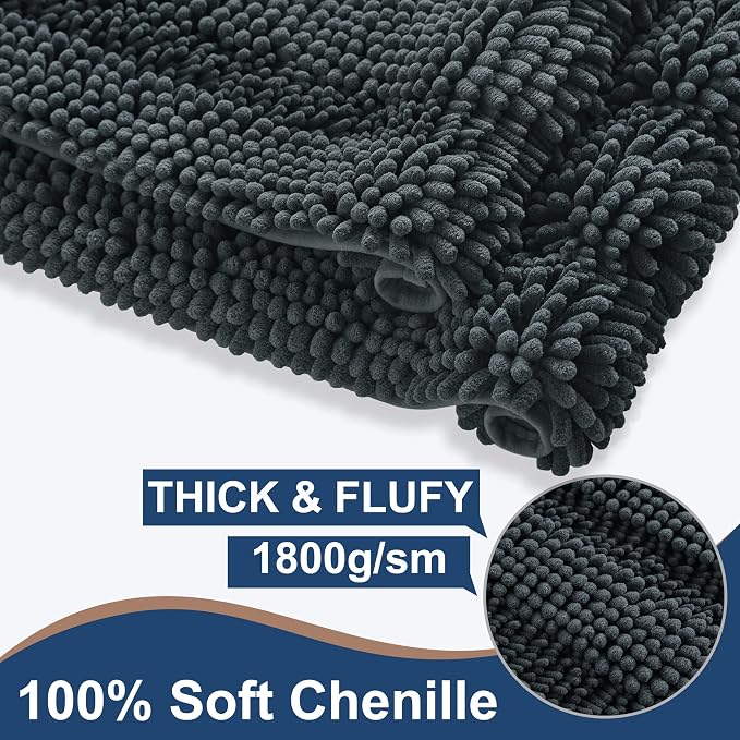 Non Slip Thick Shaggy Chenille Bathroom Rug Sets 2 Piece, Thickened Hot Melt Rubber Bottom Bath Mats for Bathroom, Bath Rugs Quick Dry Machine Washable for Shower (Charcoal Grey, 32"x20" Plus 17"x24")