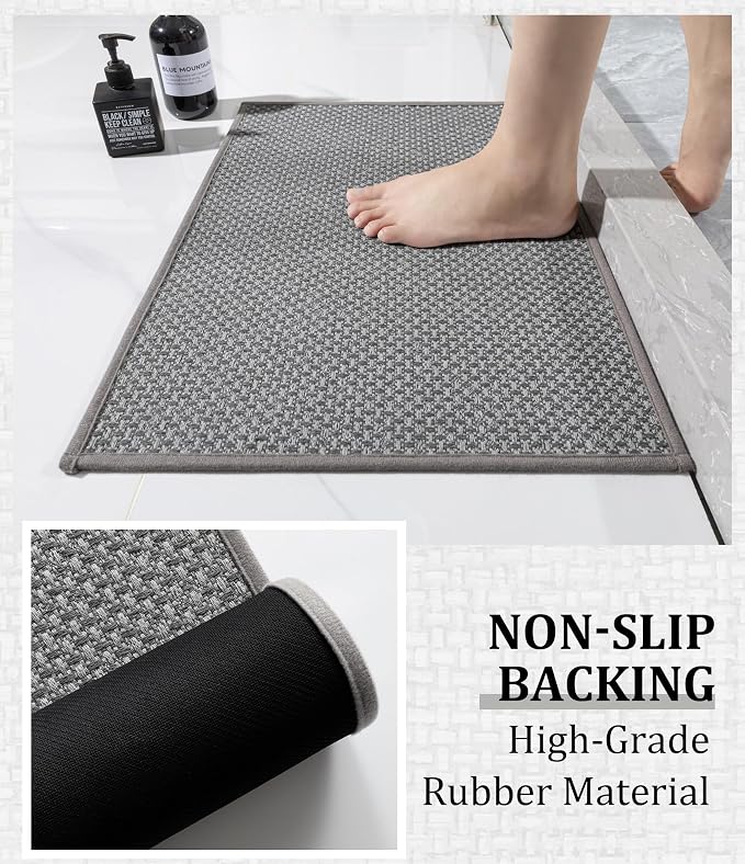 YIHOUSE Thin Bath Mat Grey Bathroom Rugs Sets 2 Pieces, Non Slip Absorbent Mats Quick Dry, Woven Rugs Washable, Tapetes para Baño for Bathroom Toliet,Bathtub(17"x24"+17"x47")