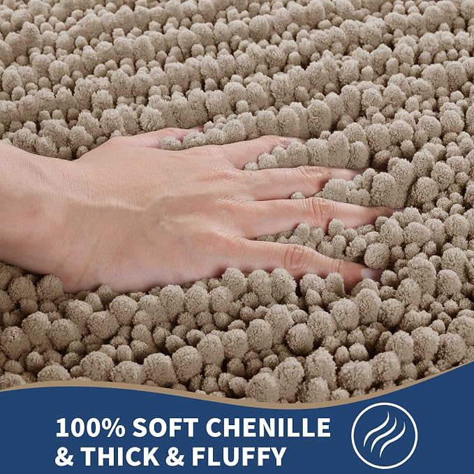 Yimobra Bathroom Rugs Sets 2 Piece - Quick Dry Extra Thick Luxury Chenille Bath Mat, Non Slip Super Absorbent for Tub Shower Sink, Machine Washable Shaggy Floor Mat, 24"x17+24"x20" Inch, Pale Khaki