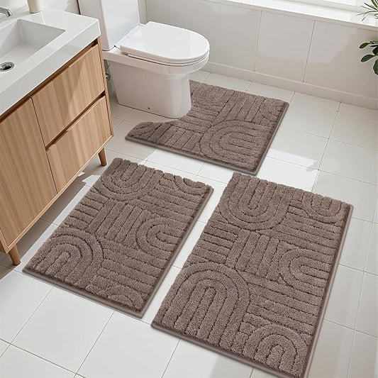 Vaukki Brown Bathroom Rugs Sets 3 Piece, 32x20+26x18+24x20 Inch | Washable Non Slip Soft Bath Mats for Shower and Tub, Plush Absorbent Microfiber Toilet Rug U Shaped