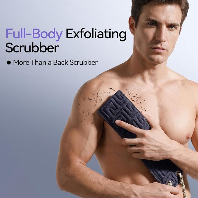 Exfoliating Back Scrubber for Shower, 38 Inch Double-Sided Bath Exfoliator | Back Washer with Handles for Deep Skin Cleansing, Washcloth Towel to Gently Exfoliate & Cleanse Back Effortlessly for Men