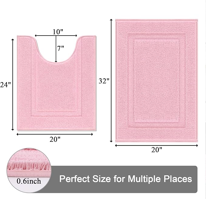SHACOS Soft Microfiber Bathroom Rugs Set 2 Pieces with Toilet Rug | Absorbent Plush Bath Mat U Shaped Contour Bath Rug, Non Slip Washable Fluffy Bathroom Floor Mats, 32x20+24x20, Pink