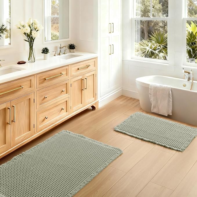 JIUZHEN Set of 2 Waffle Bath Mats Boho Bath Rugs 16x24&24x36, Sage Green | Non Slip, Super Absorbent, Washable, Ultra Soft, Fast Drying Waffle Bathroom Rugs for Bathroom Floor, Tub, Shower